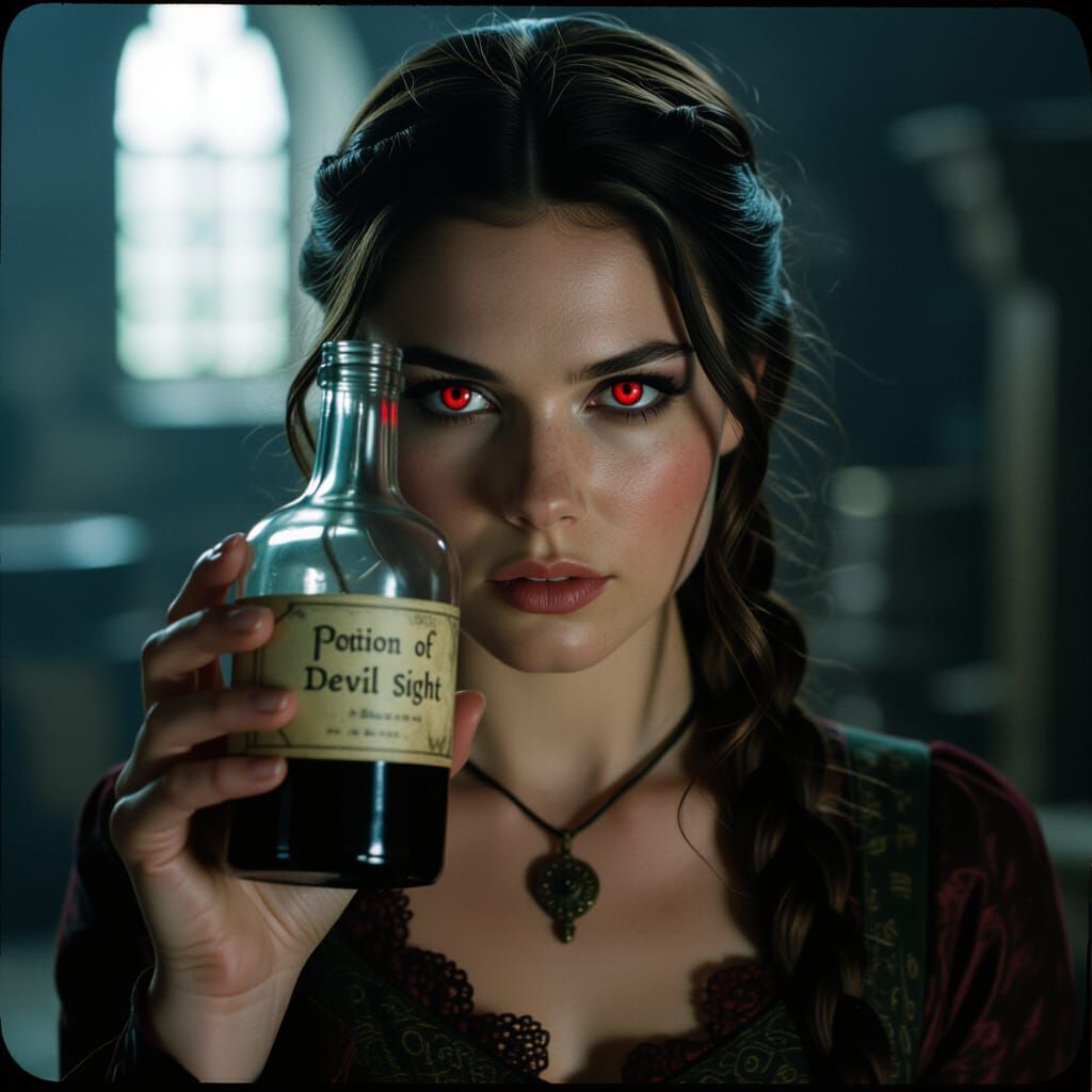 Woman with Glowing Eyes Holds Devil Sight Potion Bottle