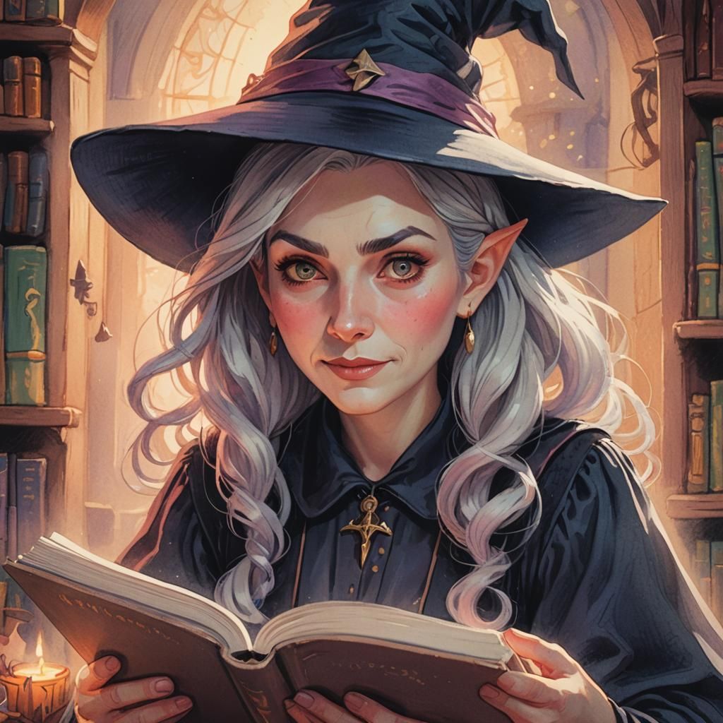 Cute Witch Woman Reading Book in Disney Cartoon Style