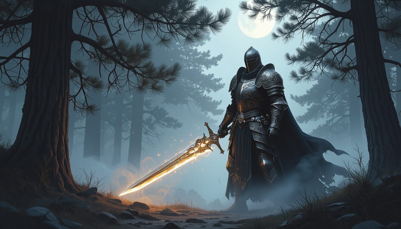 Knight with Glowing Sword at Shadowy Forest Edge
