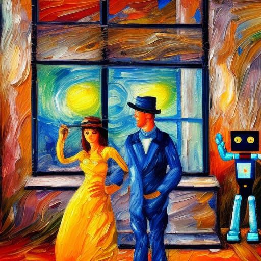 Annoyed Woman and Robot in Neo-Impressionist Oil Painting