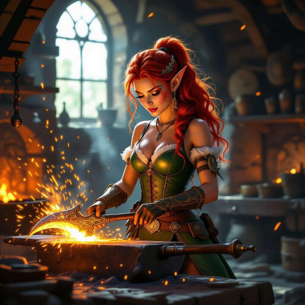 Elf Blacksmith Forging Fiery Weapon in Bustling Forge