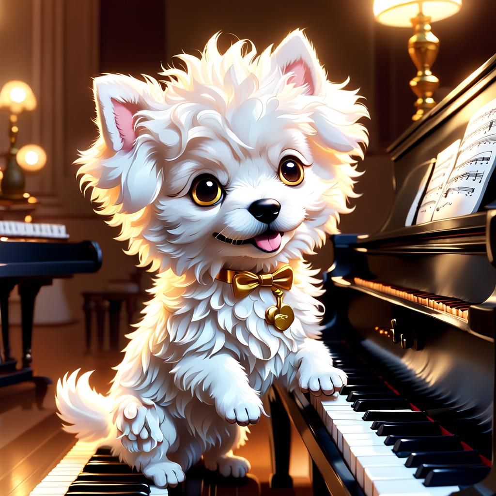 Dog Playing Piano in Hyperrealistic 3D Digital Art