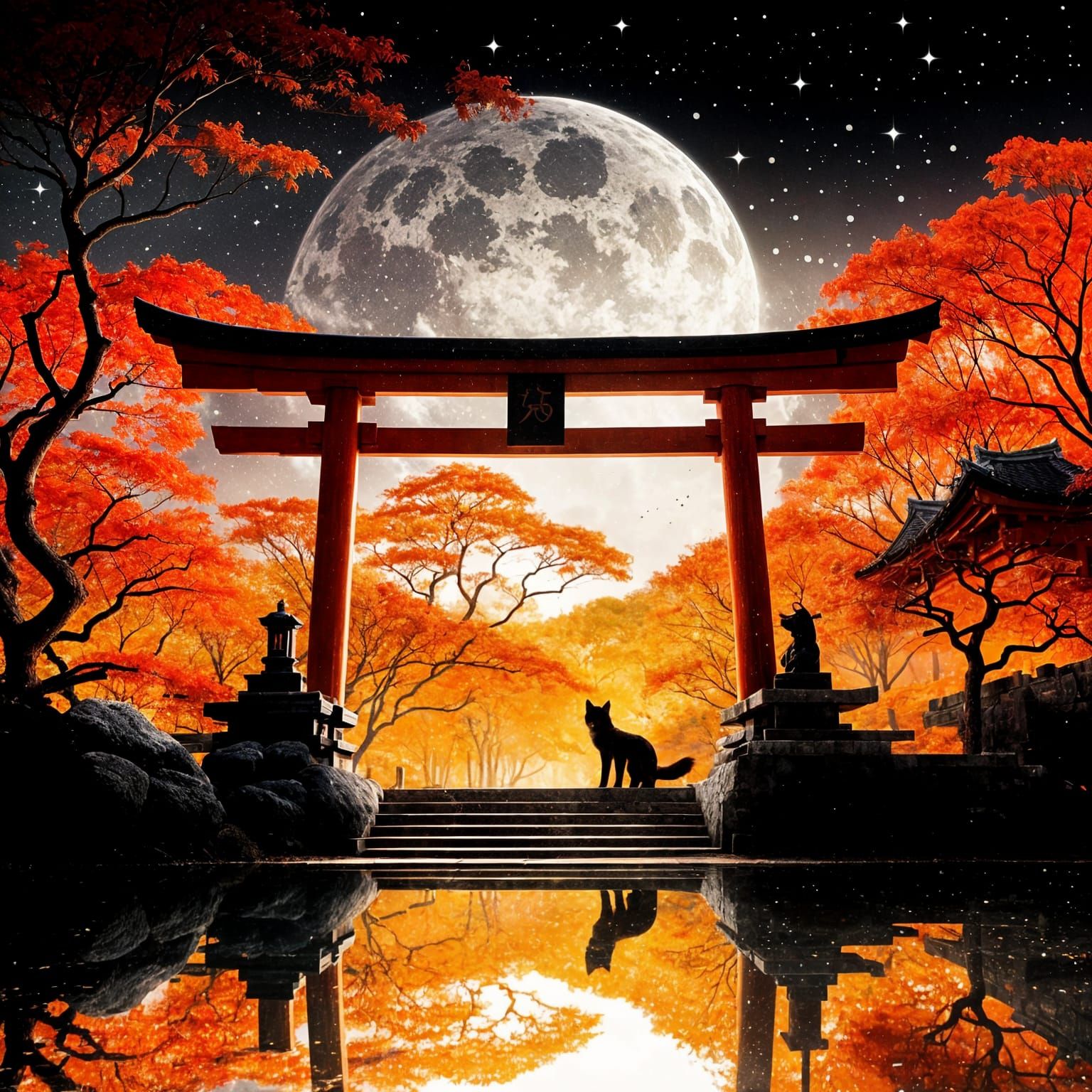 Fox by Torii Gate Under Starry Night Sky