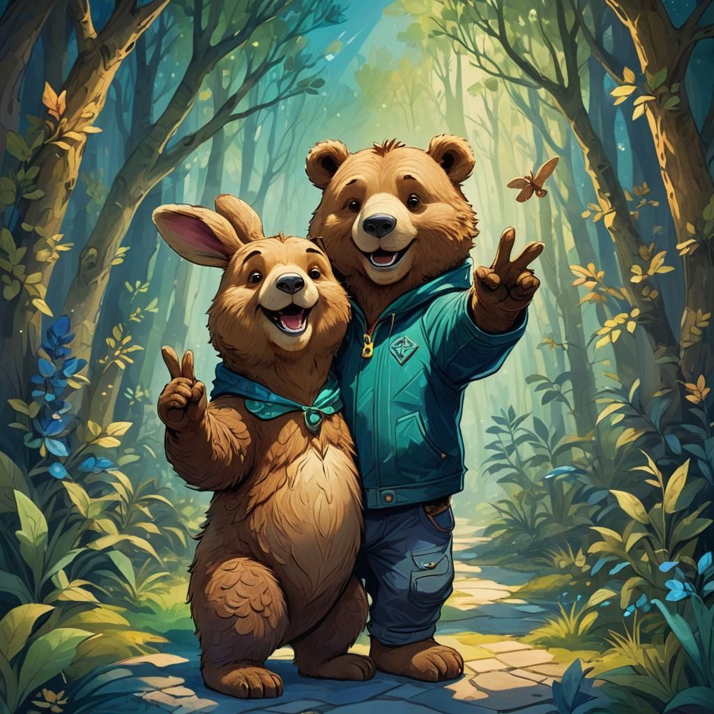 Happy Bear with Rabbit: Fantasy Concept Art