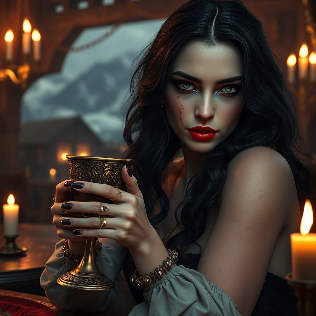 Ethereal Vampire Queen in a Medieval Tavern