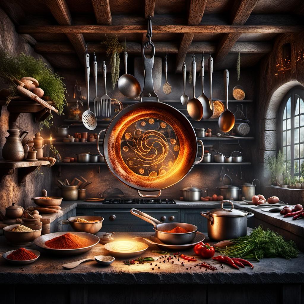 Enchanted Cookbook in Rustic Kitchen, Fantasy Art