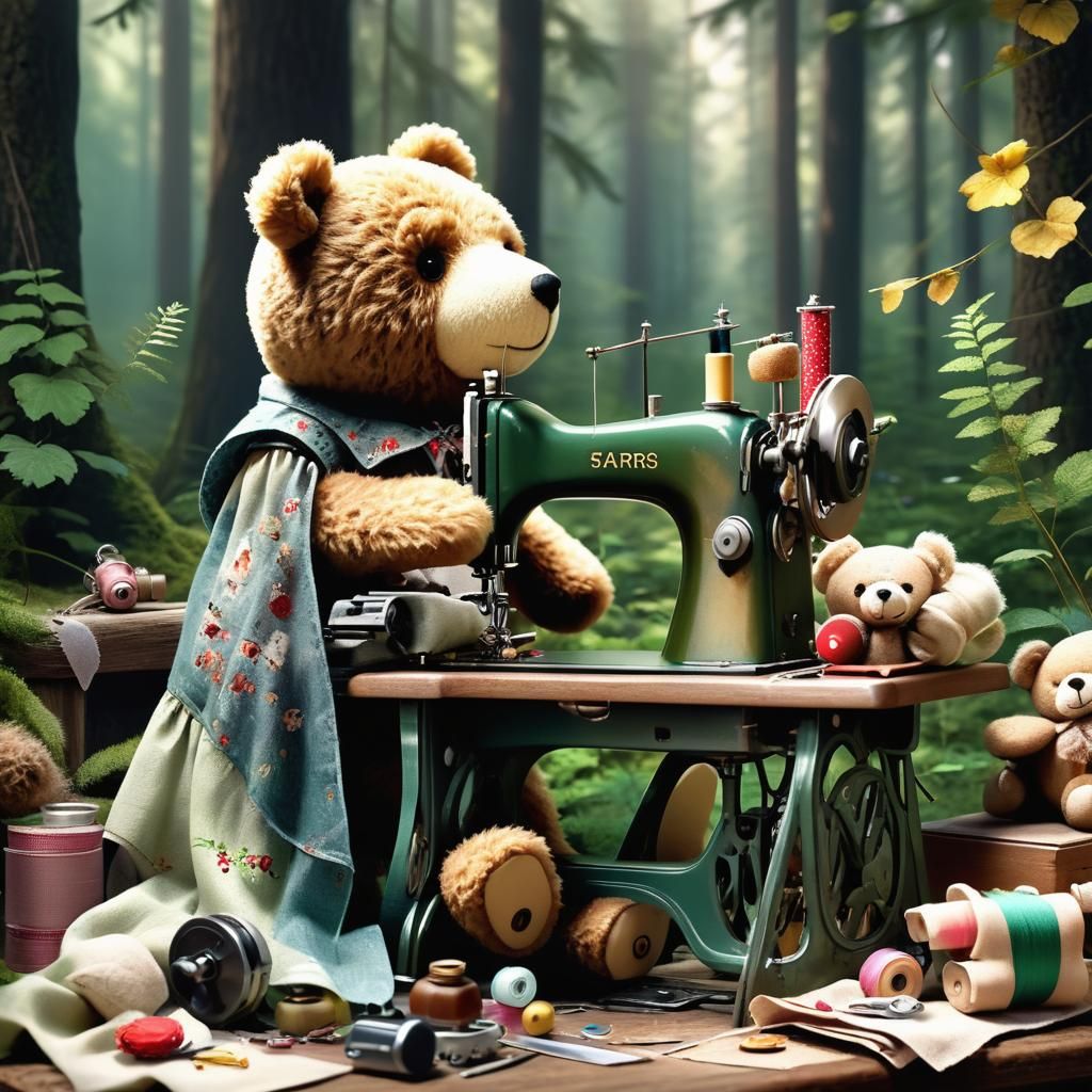 Teddy Bear Sewing Bears in Forest, Hyperrealistic