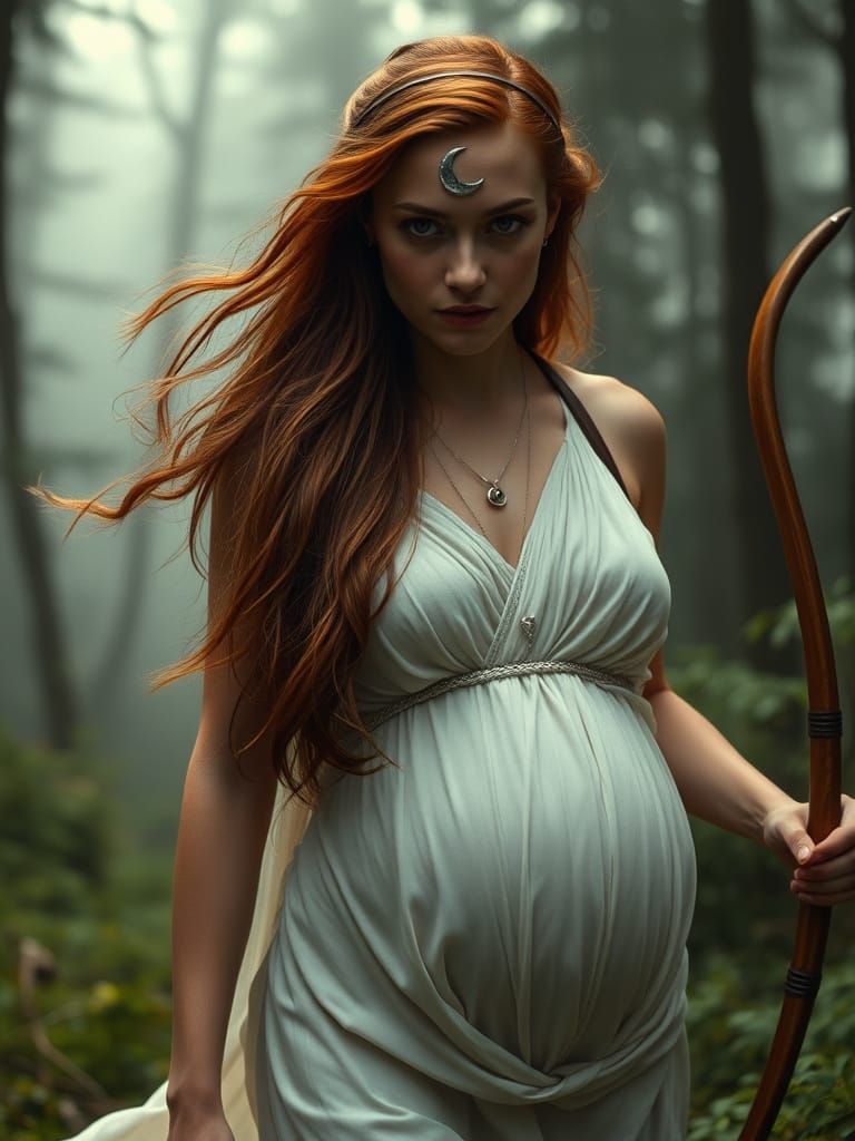 Pregnant Goddess in Misty Forest, Cinematic Style