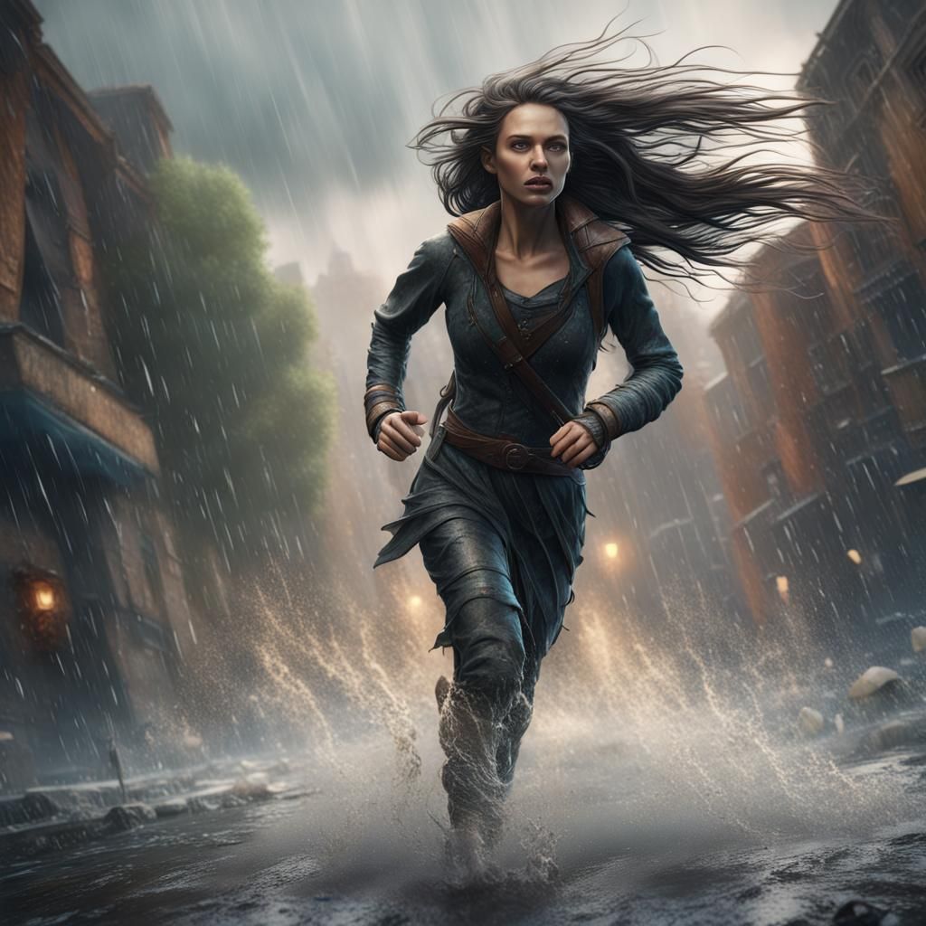 Woman Running in Rain, Detailed Matte Painting