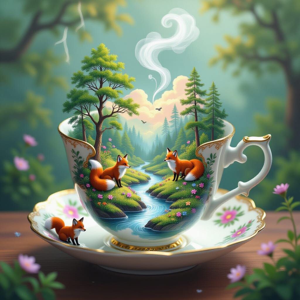 Forest Teacup with River and Foxes, Dreamy Art