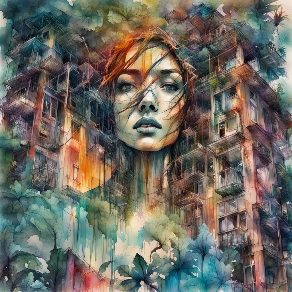 Disintegrating Double Exposure House in Gouache Watercolor