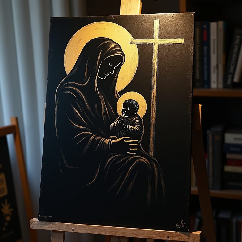 Gothic Madonna and Child Painting with Golden Highlights