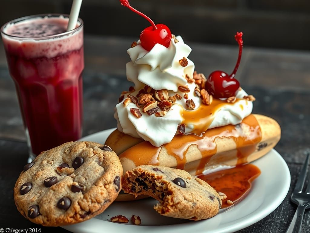 Decadent Banana Split and Cherry Milkshake: Hyperrealistic P...