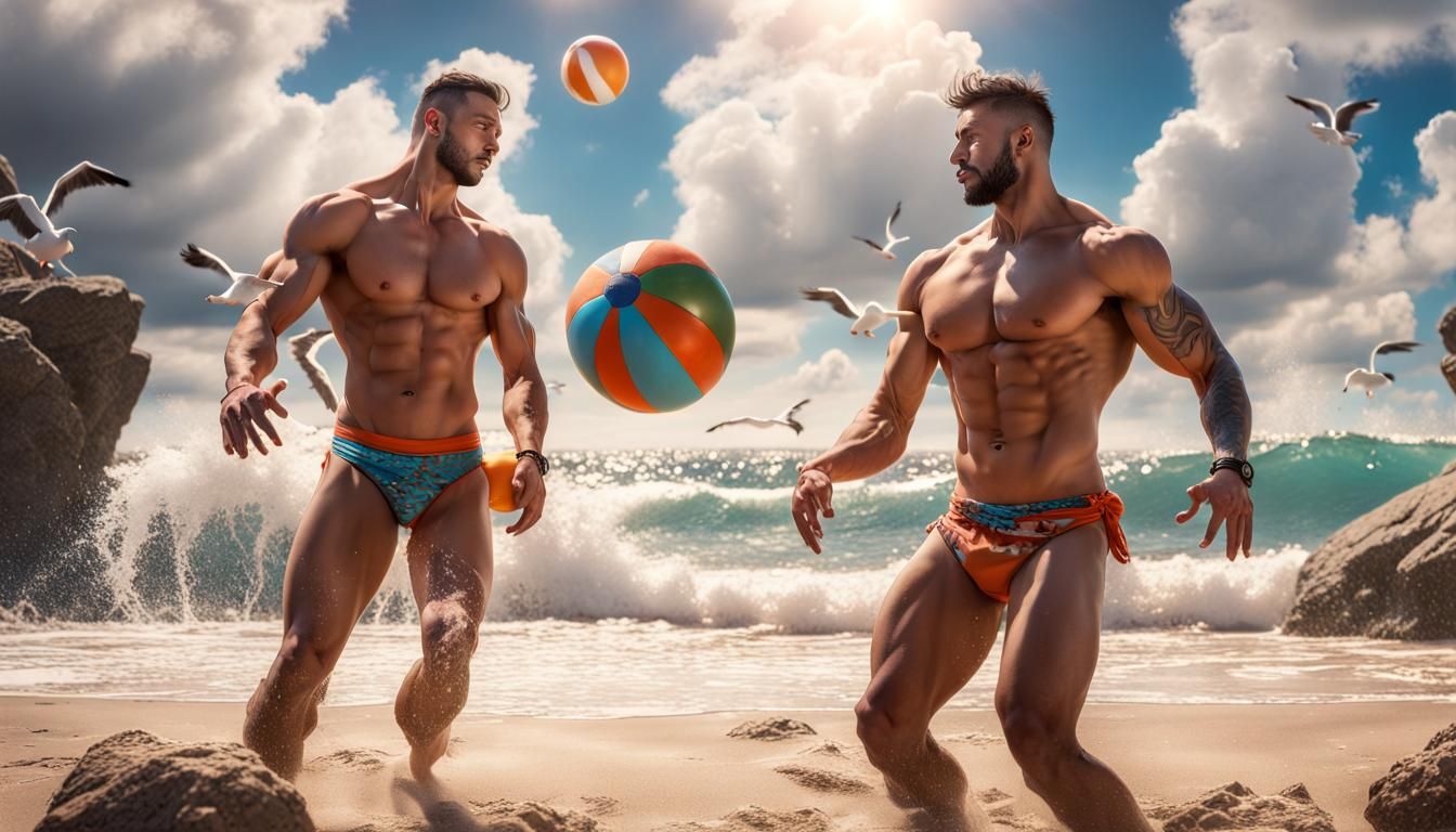 Twin Brothers Play Beach Ball: Detailed Fantasy Art