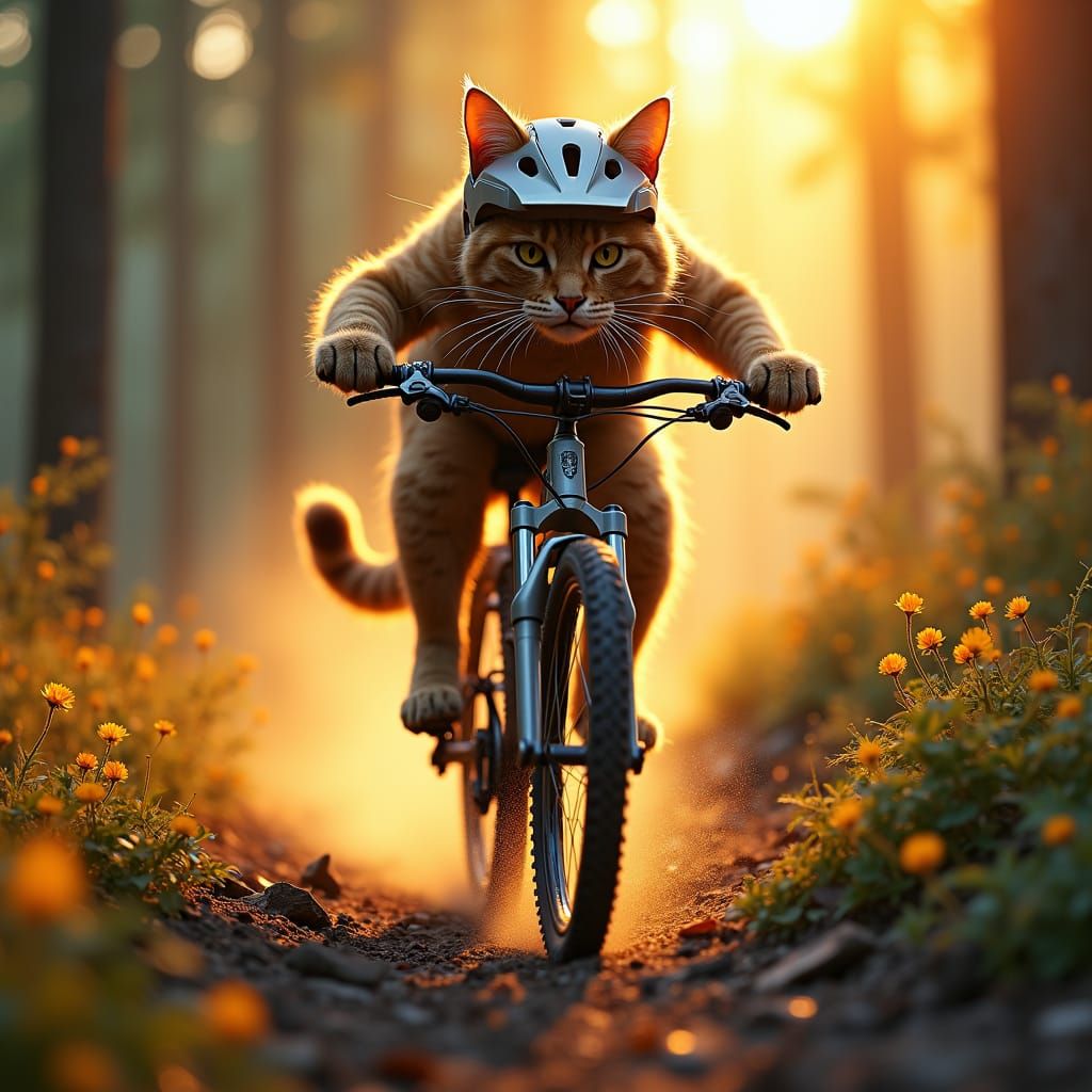 Fearless Cat on Mountain Bike in Dreamscape Forest