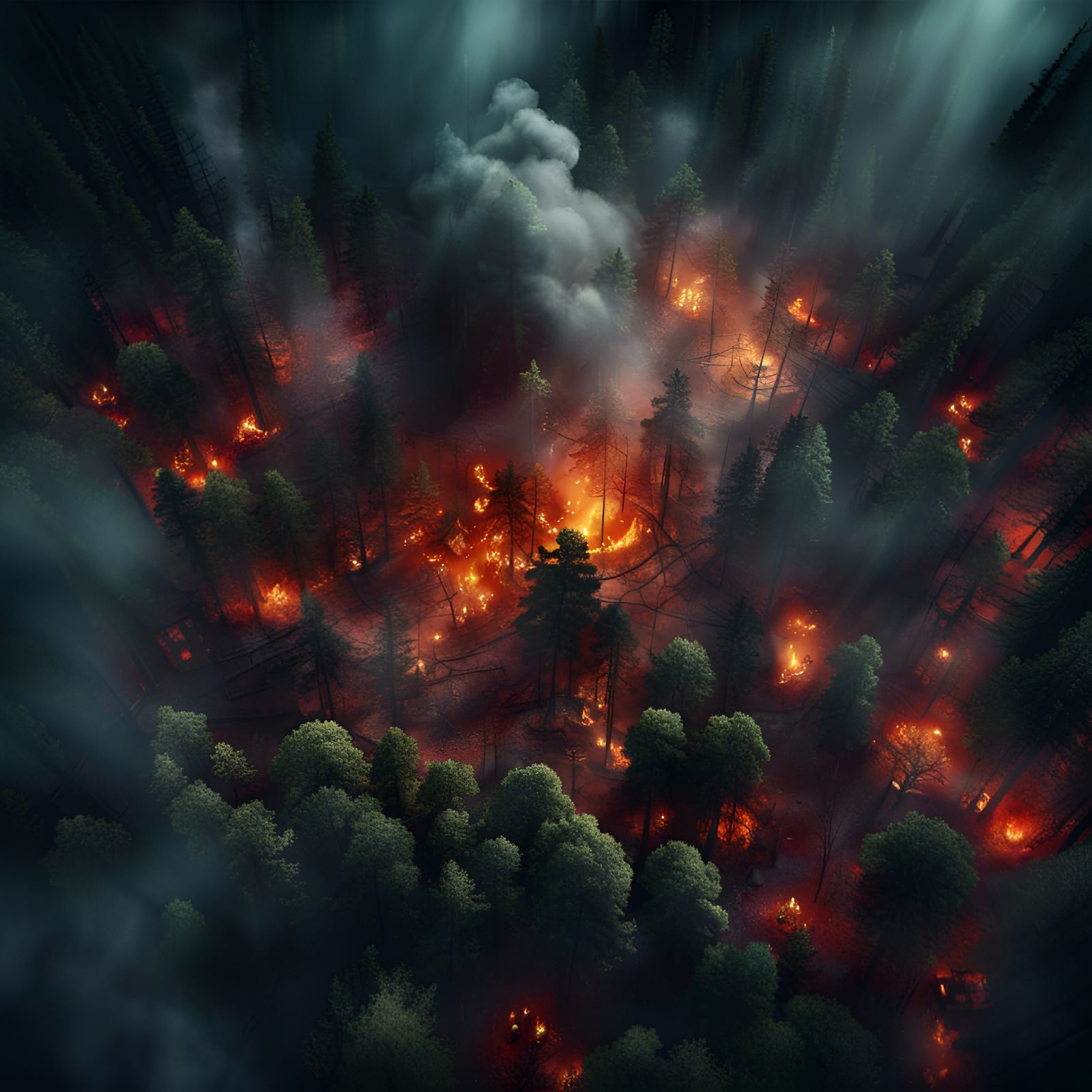 Burning Dark Forest Aerial View: Matte Painting