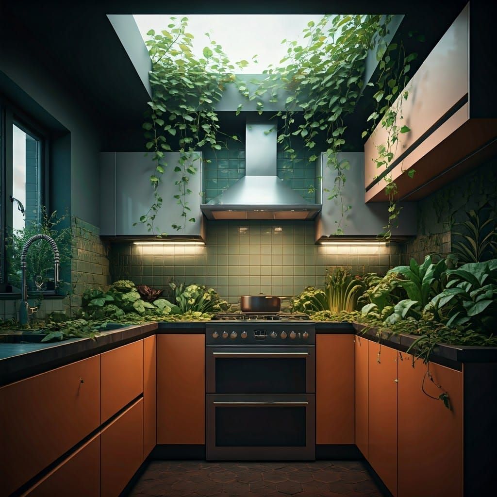 Sleek Kitchen Overgrown with Lush Vegetation in Cyberpunk St...