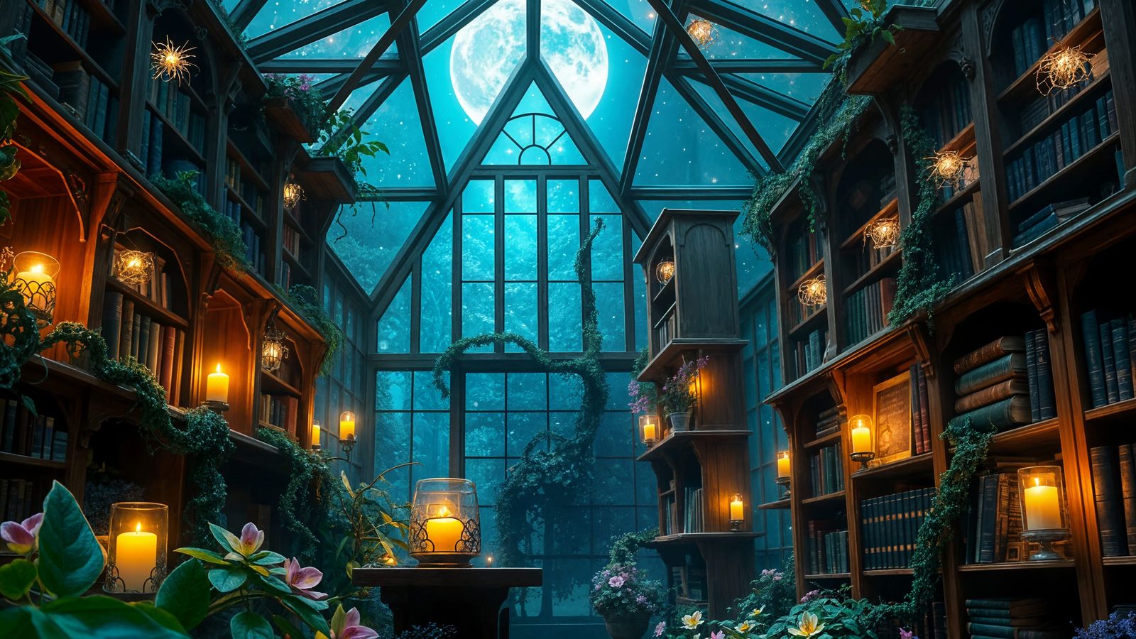 Whimsical Glasshouse Library Under Starry Night
