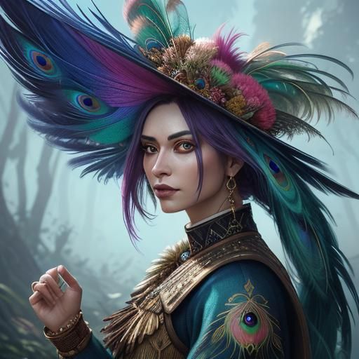 Fantasy Woman Portrait with Peacock Feathers