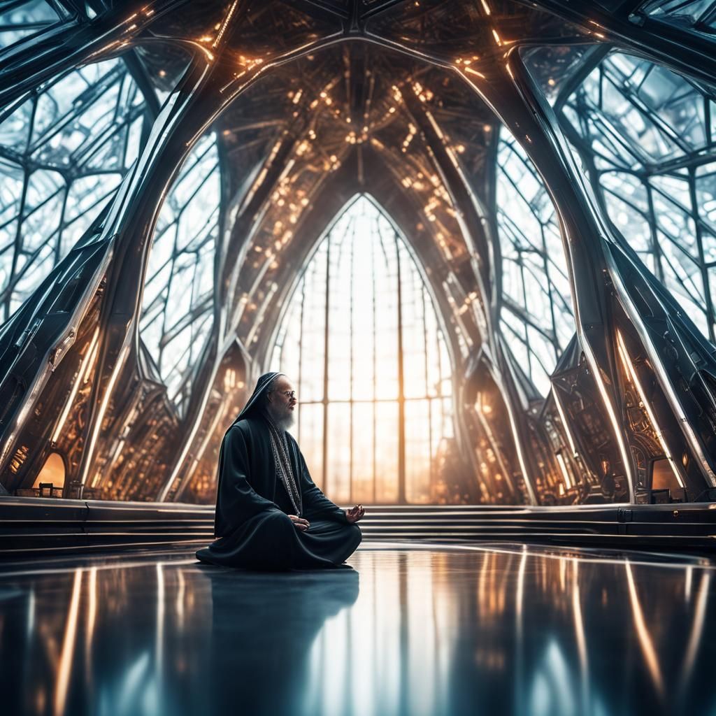 Meditating Tech Priest in Futuristic Cathedral