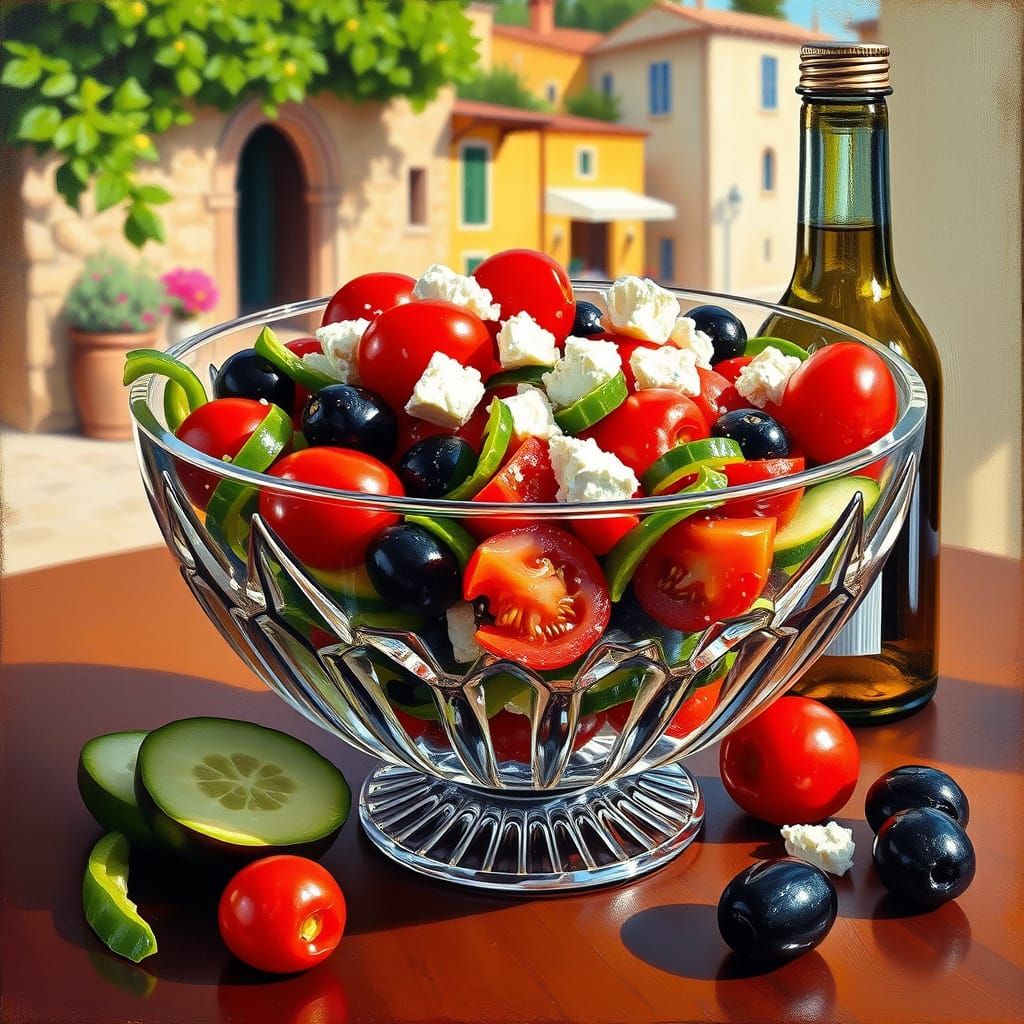 Greek Salad Still Life in Oil Painting Style
