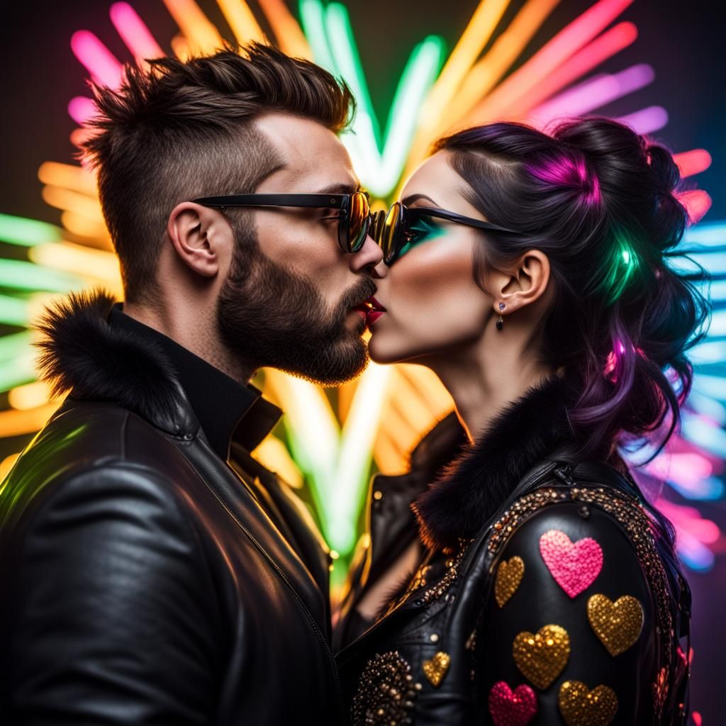 Cute Couple Sharing Eskimo Kiss with Neon Hearts