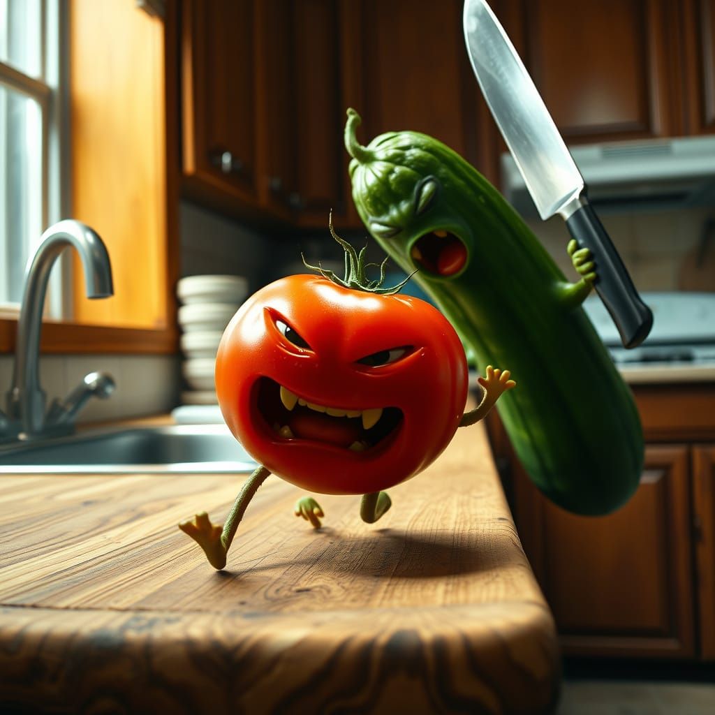 Dark Biomechanical Cucumber Chases Terrified Tomato in Haunt...