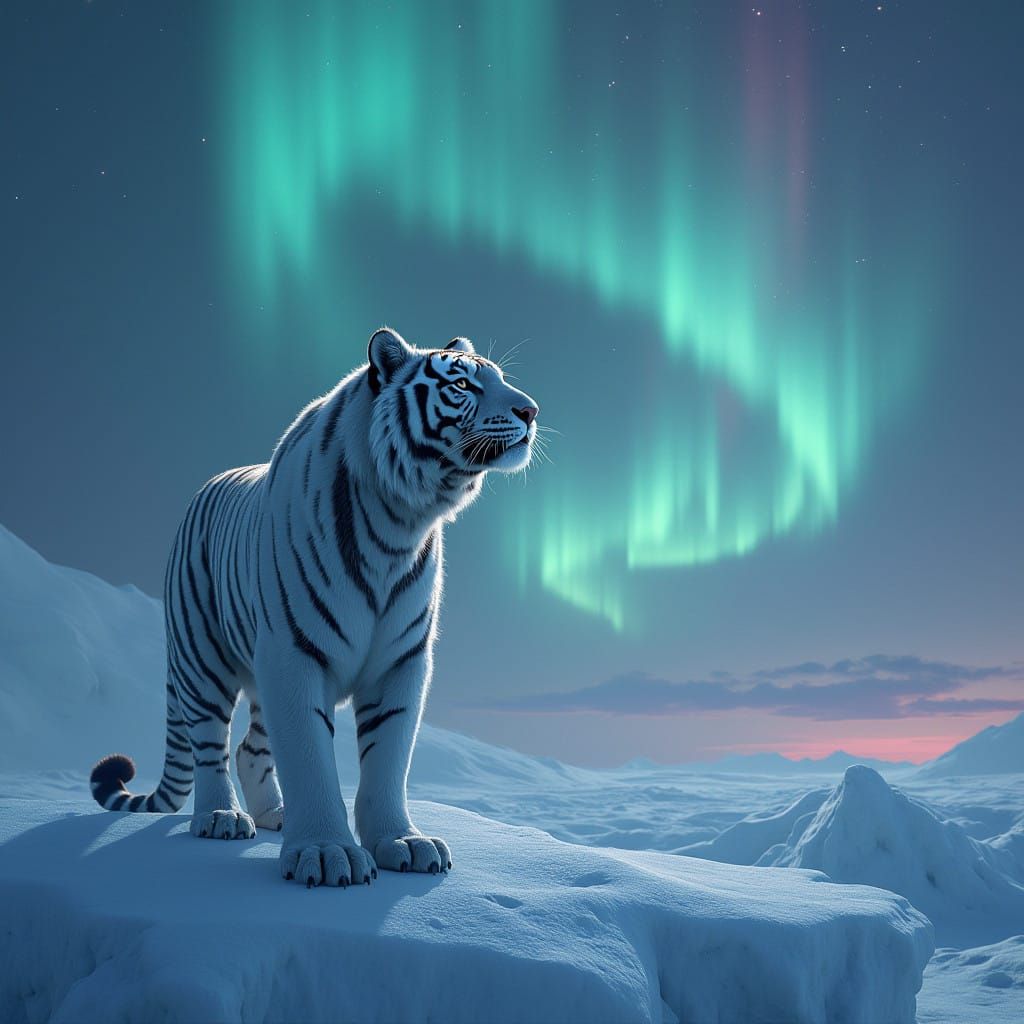 Frozen Tiger in Awe Before Swirling Aurora