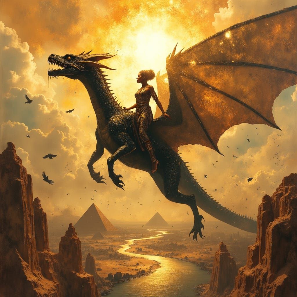 African Warrior God Rides Dragon Over Egyptian Fortress