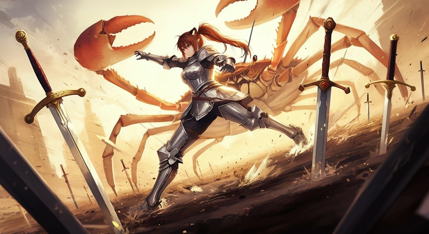 Tigress in Ancient Armor Faces Giant Crab in Cyberpunk-Style...