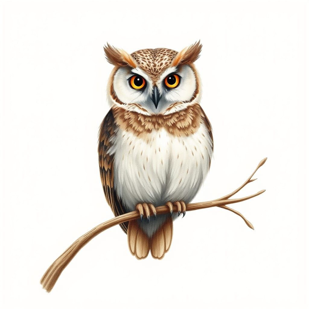 Whimsical Owl Perched on Curved Branch in Vintage Illustrati...
