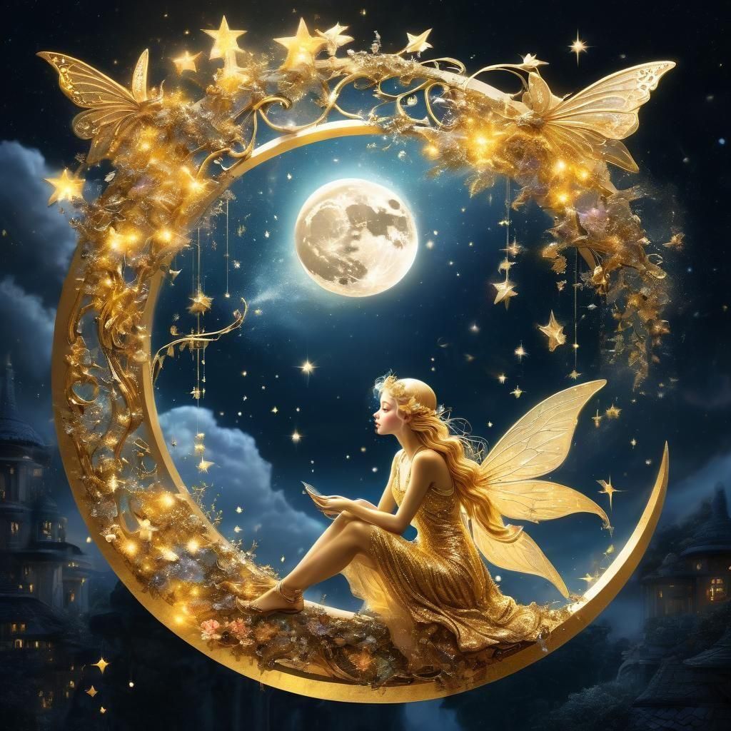 Golden Fairy in Moonlit Starscape