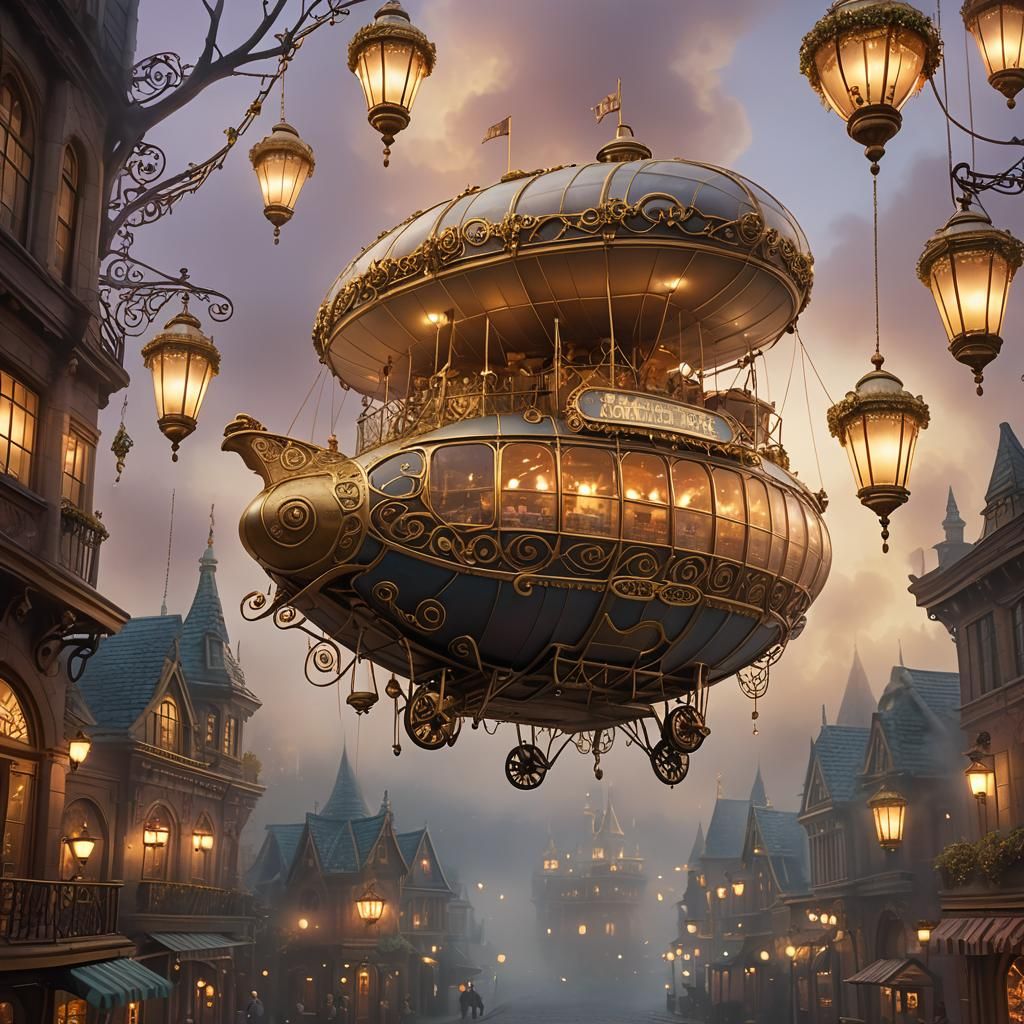 Ethereal Fantasy Airship Donut Shop in Golden Light