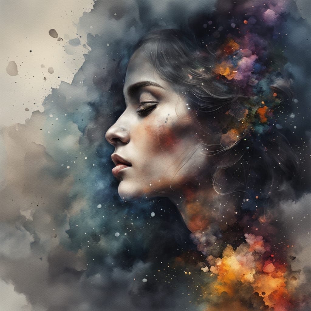 Woman's Head Exploding with Thoughts in Watercolor Style