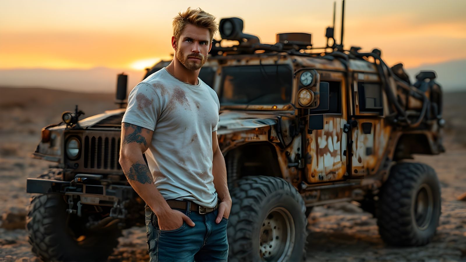 Post-Apocalyptic Mechanic and Humvee in Wasteland