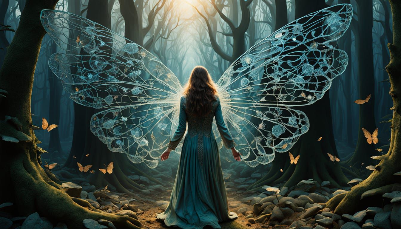 Surreal Goddess Emerges from Dark Forest in Vibrant, Iridesc...