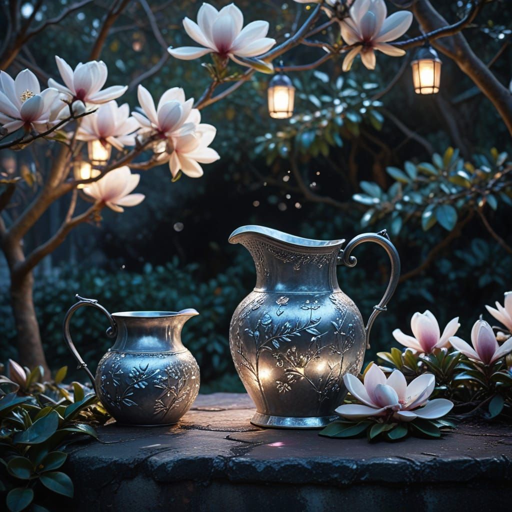Moonlit Garden: Silver Pitcher in Impressionistic Style