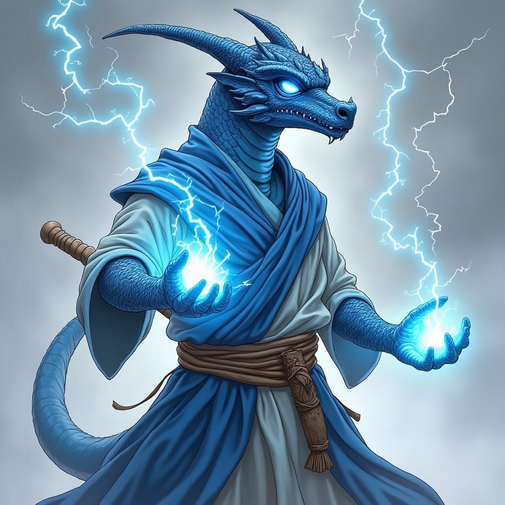 Epic Blue Dragonborn Monk Unleashes Lightning Fury