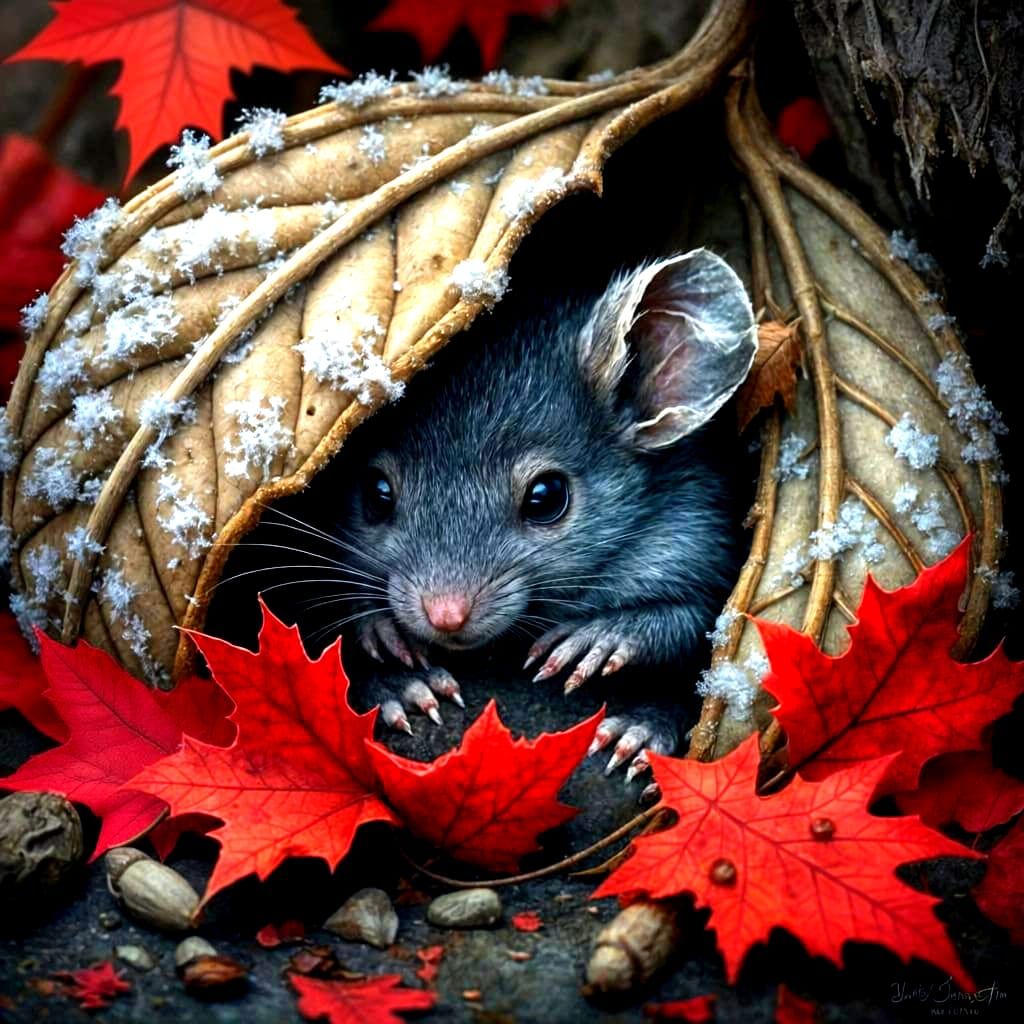 Mouse Snuggled Under Frosty Leaf in Autumn