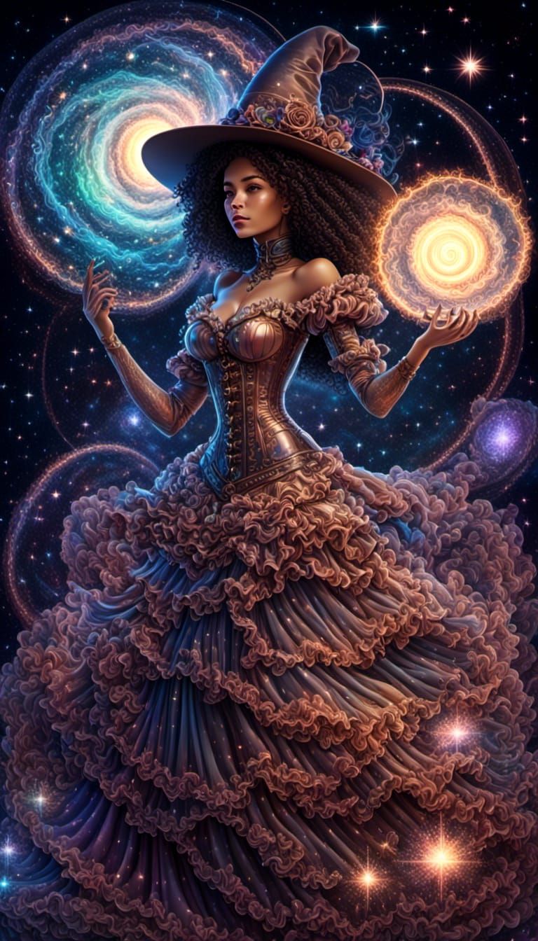 Modern Witch in Holographic Astral Steampunk Illustration