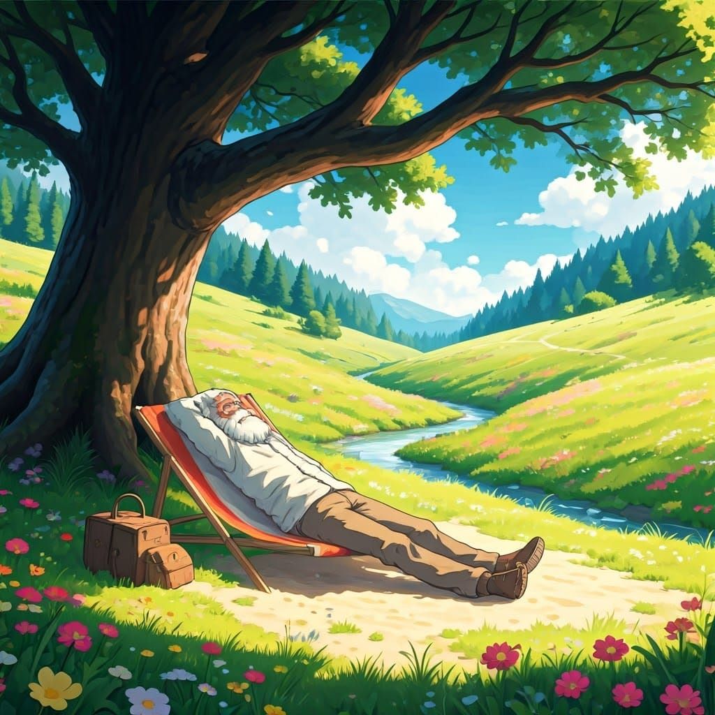 Geologist's Blissful Nap in Anime Landscape