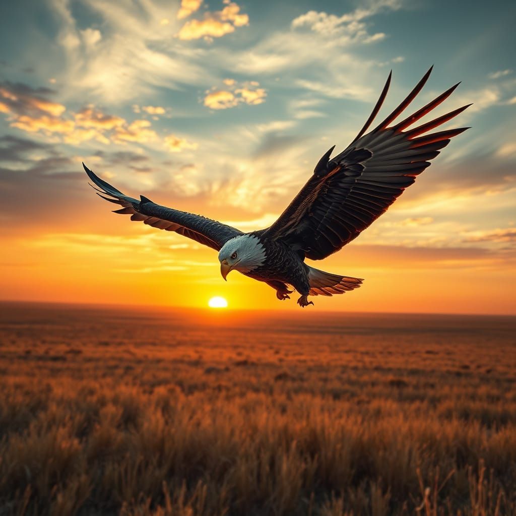 Bald Eagle Soaring Over Prairie at Sunset
