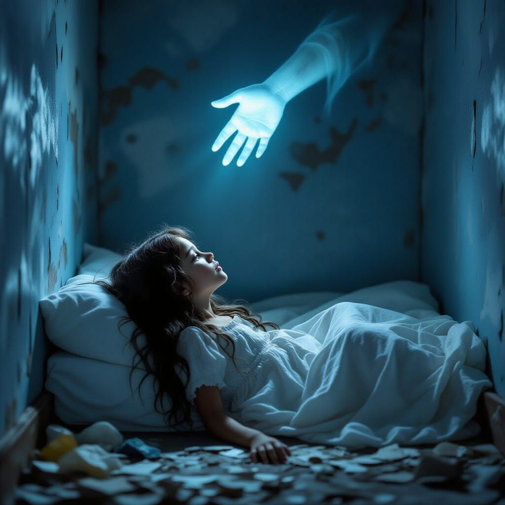 Ethereal Hand Reaches Down to Hopeful Girl in Faded Room