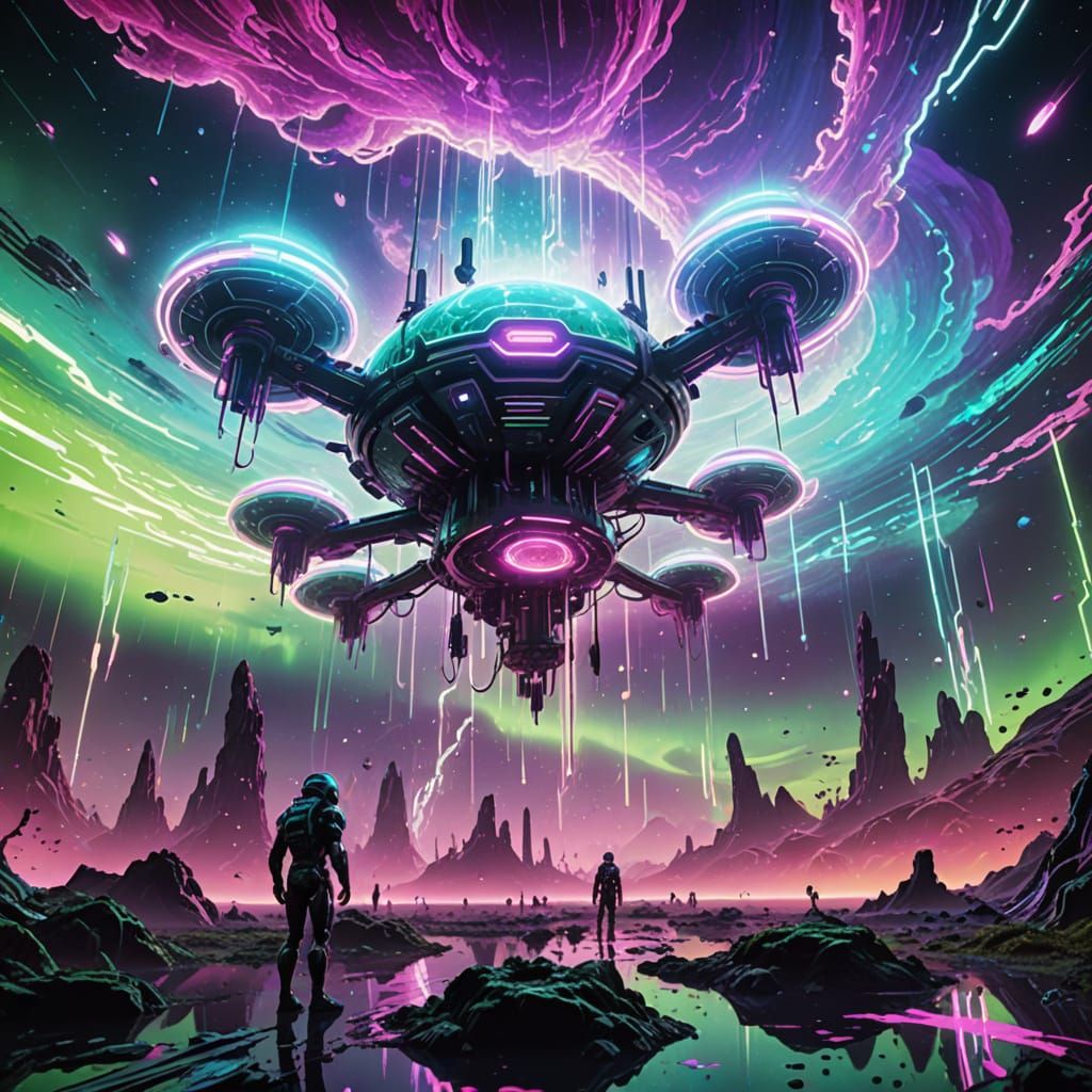 Surreal Cyberpunk Nebula Forge with Glowing Titanium Islands