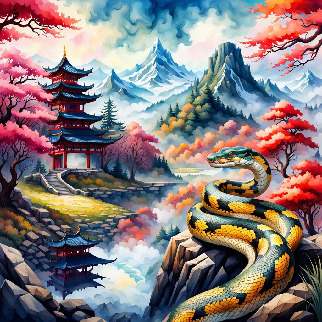 Watercolor Python in Asian Landscape Illustration