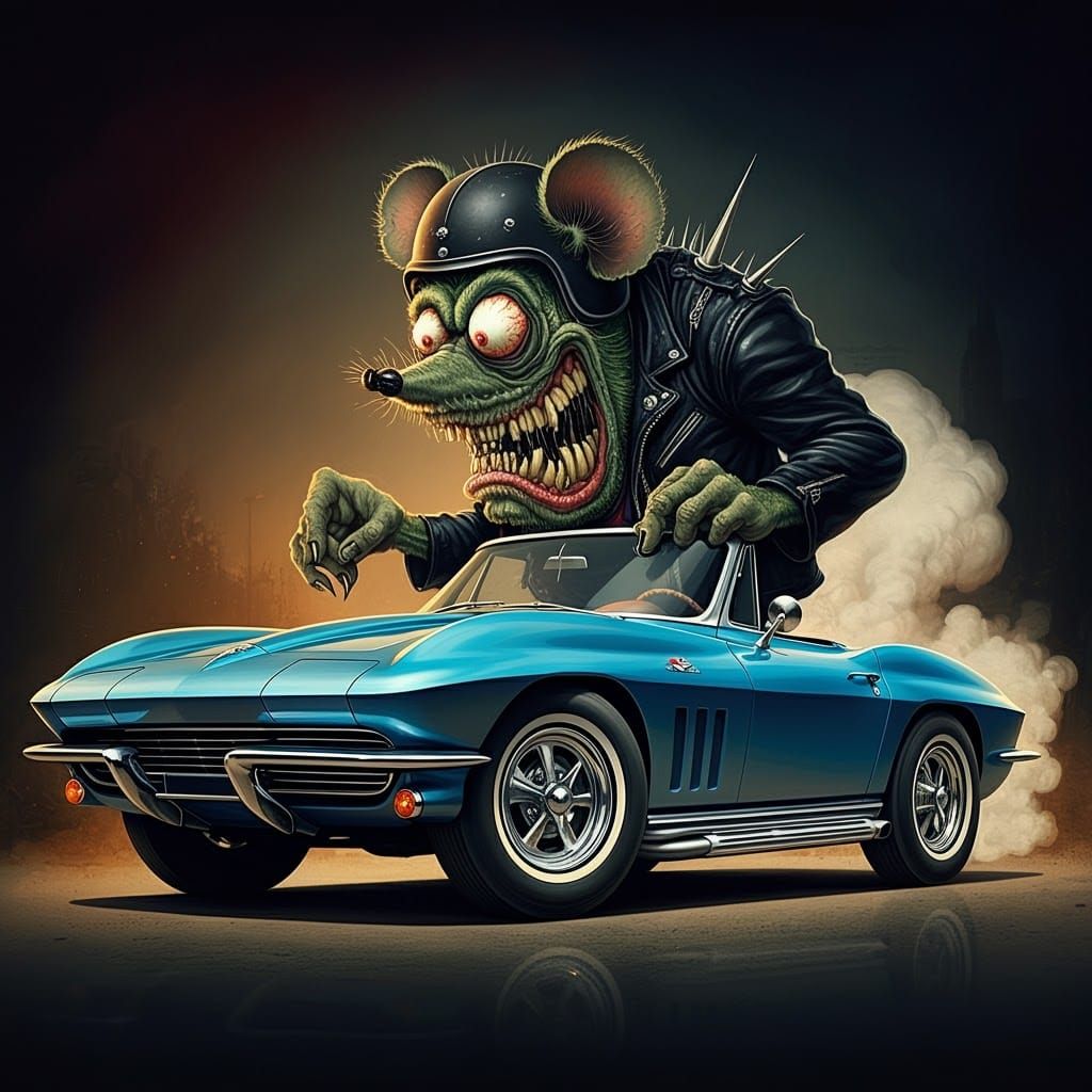 Monster Drives Corvette: Comic Book Style Illustration