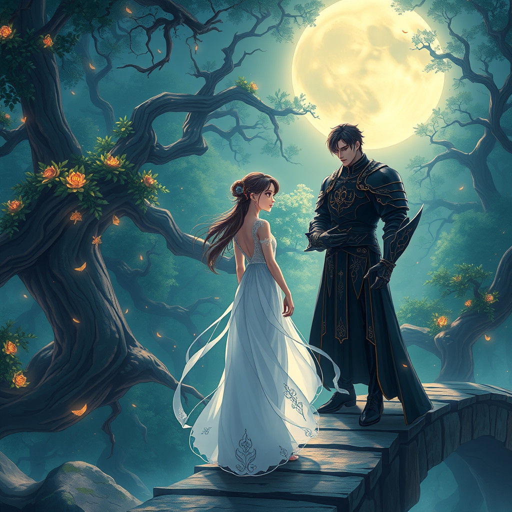 Mystical Encounter in Moonlit Forest: Anime Style