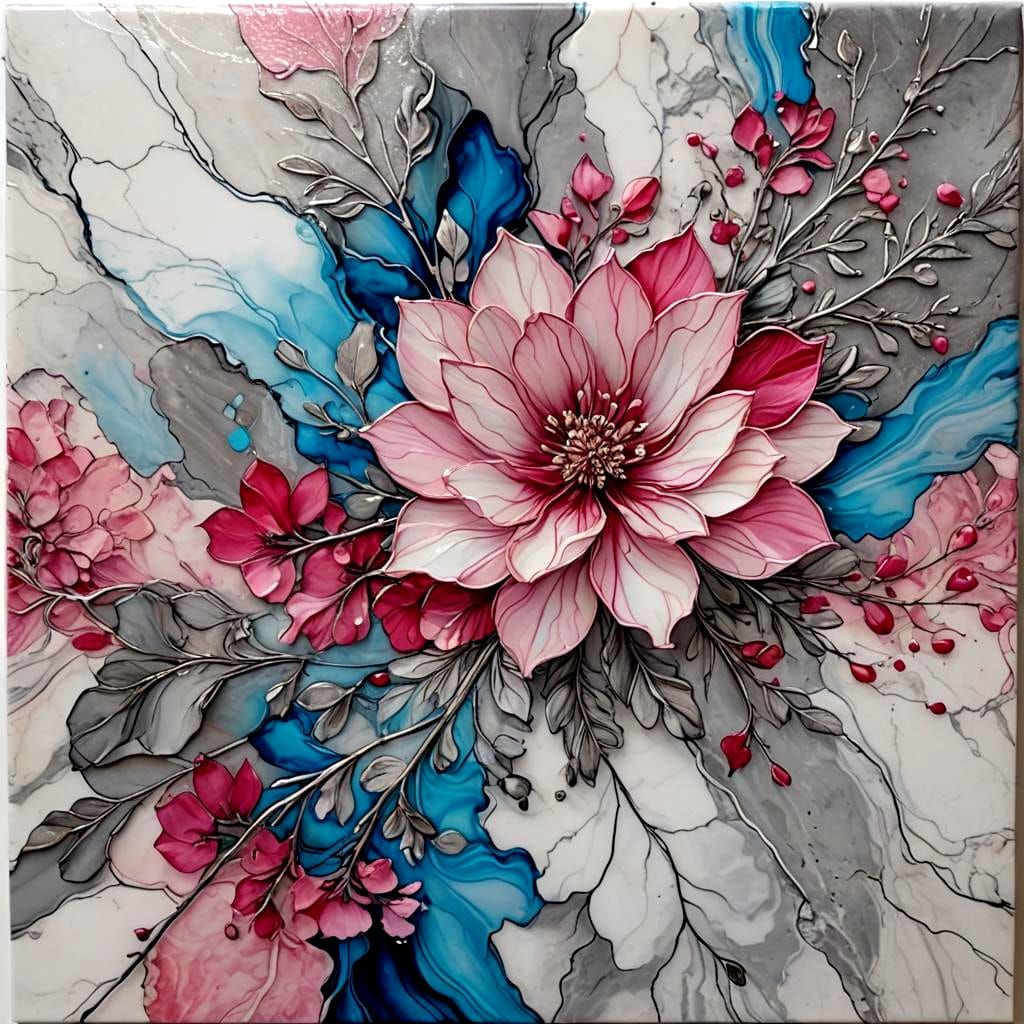 Vivid Floral Art on Marble with Silver Streaks