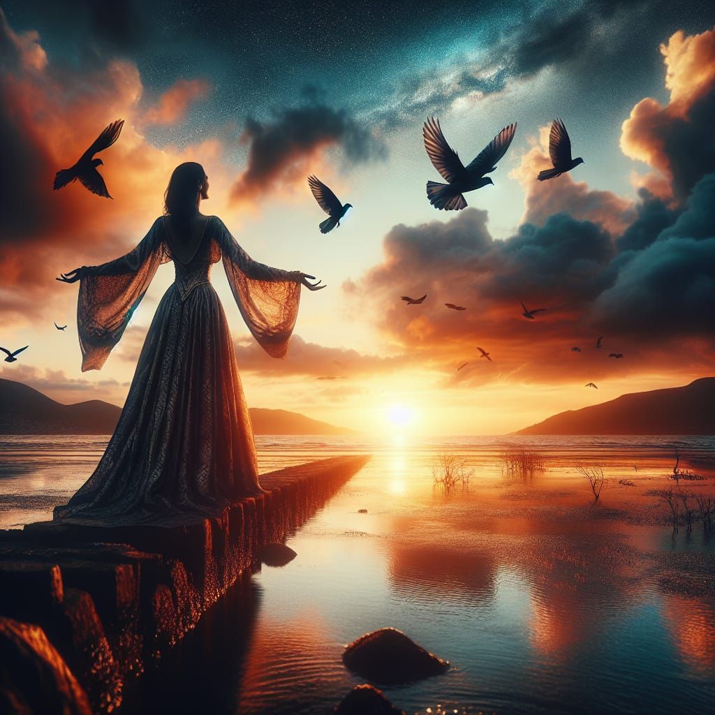 Sunset Landscape with Woman and Birds in 4K