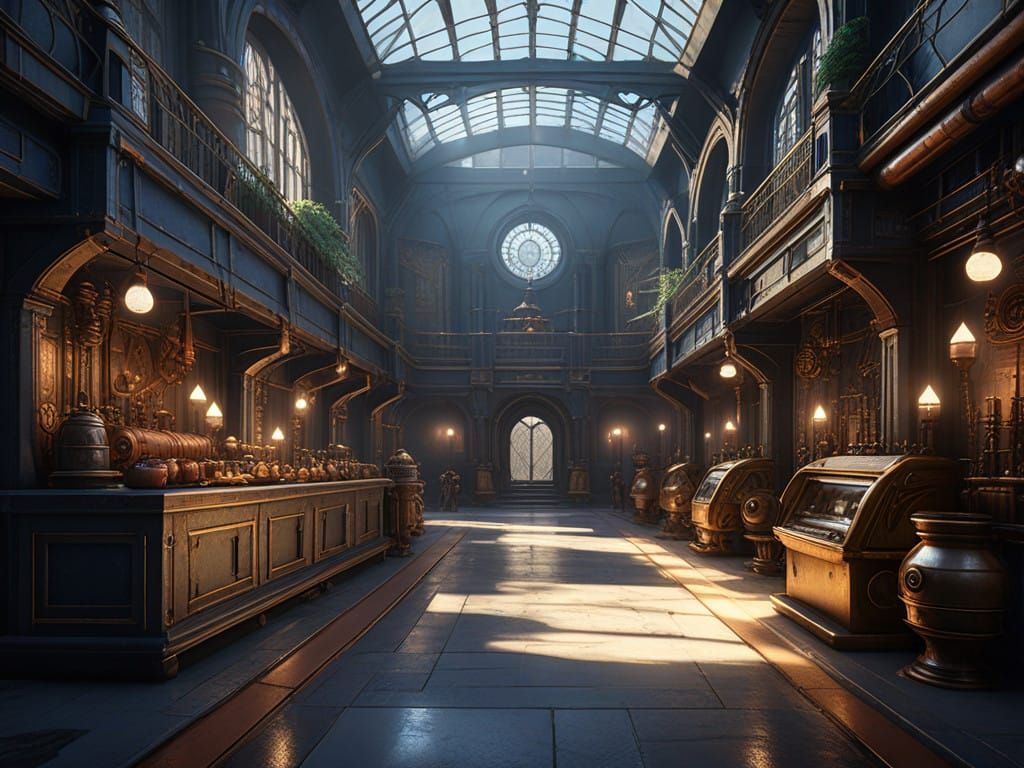 Mystical Machine Halls in Industrial Futurism Style